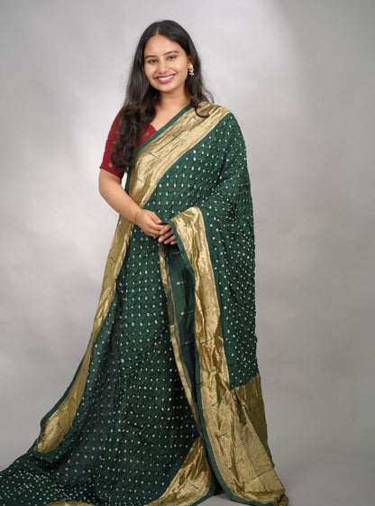 Bottle Green Handcrafted Bandhani Paithani Dola Silk Saree | Looms & Tassels