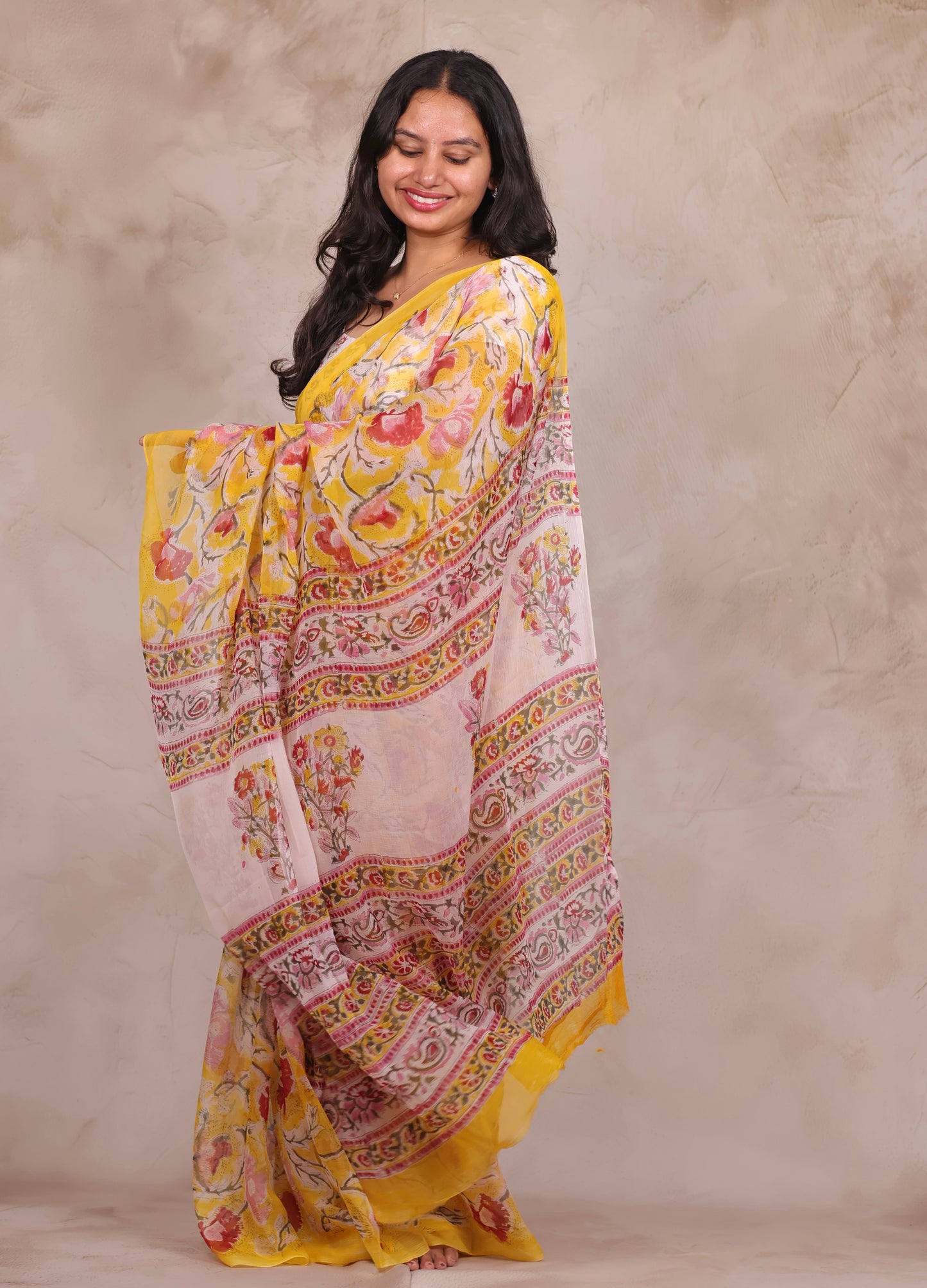 Yellow Chiffon Bagru Hand Block Printed Saree | Looms & Tassels