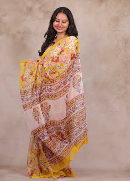 Yellow Chiffon Bagru Hand Block Printed Saree | Looms & Tassels