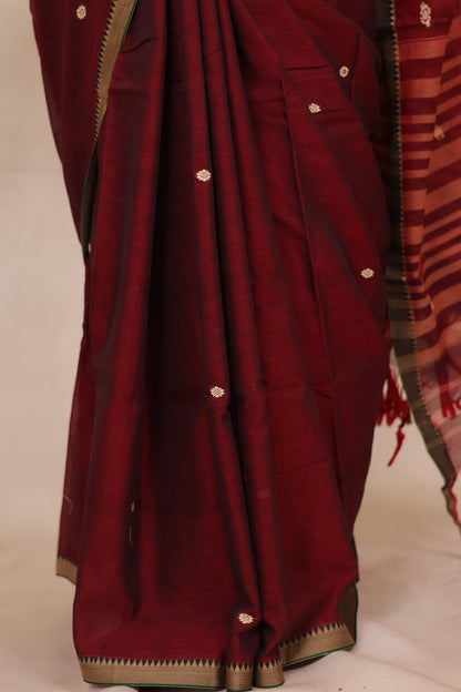 Maroon Narayanpet Cotton Saree With Butta Weaving | Looms & Tassels