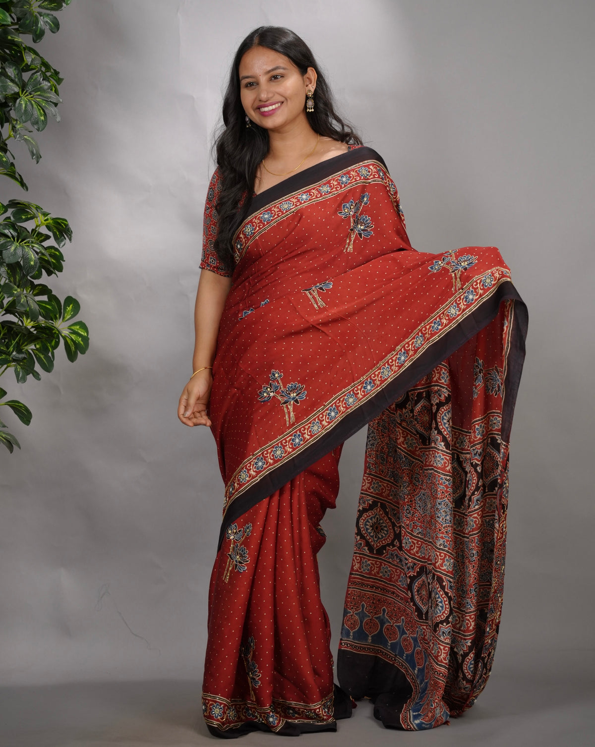 Maroon Ajrakh Modal Silk Hand Embroidery Saree  | Looms & Tassels