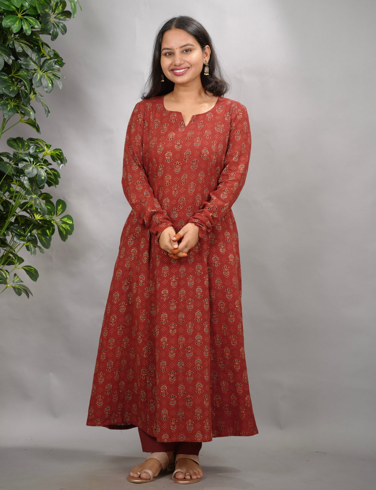 Rust Maroon Ajrakh Handblock Printed Kali Kurta with Chudi Sleeves