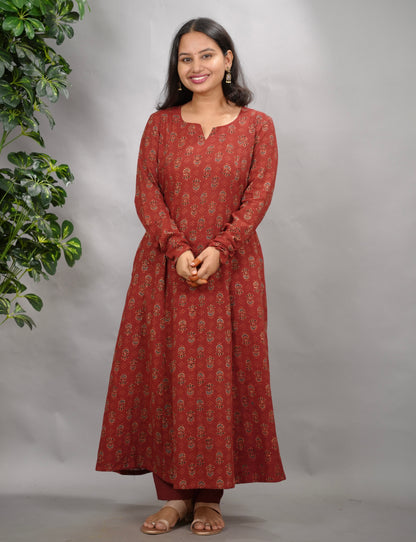 Rust Maroon Ajrakh Handblock Printed Kali Kurta with Chudi Sleeves
