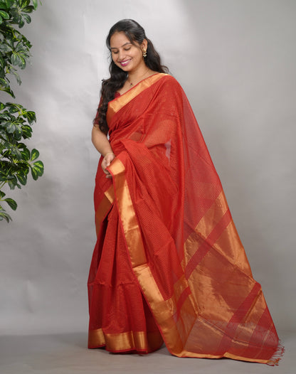 Red Checks Handloom Maheswari Silk Cotton Sarees | Looms & Tassels
