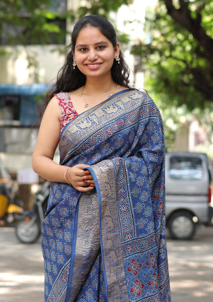 Indigo Ajrakh Dola Silk Saree
