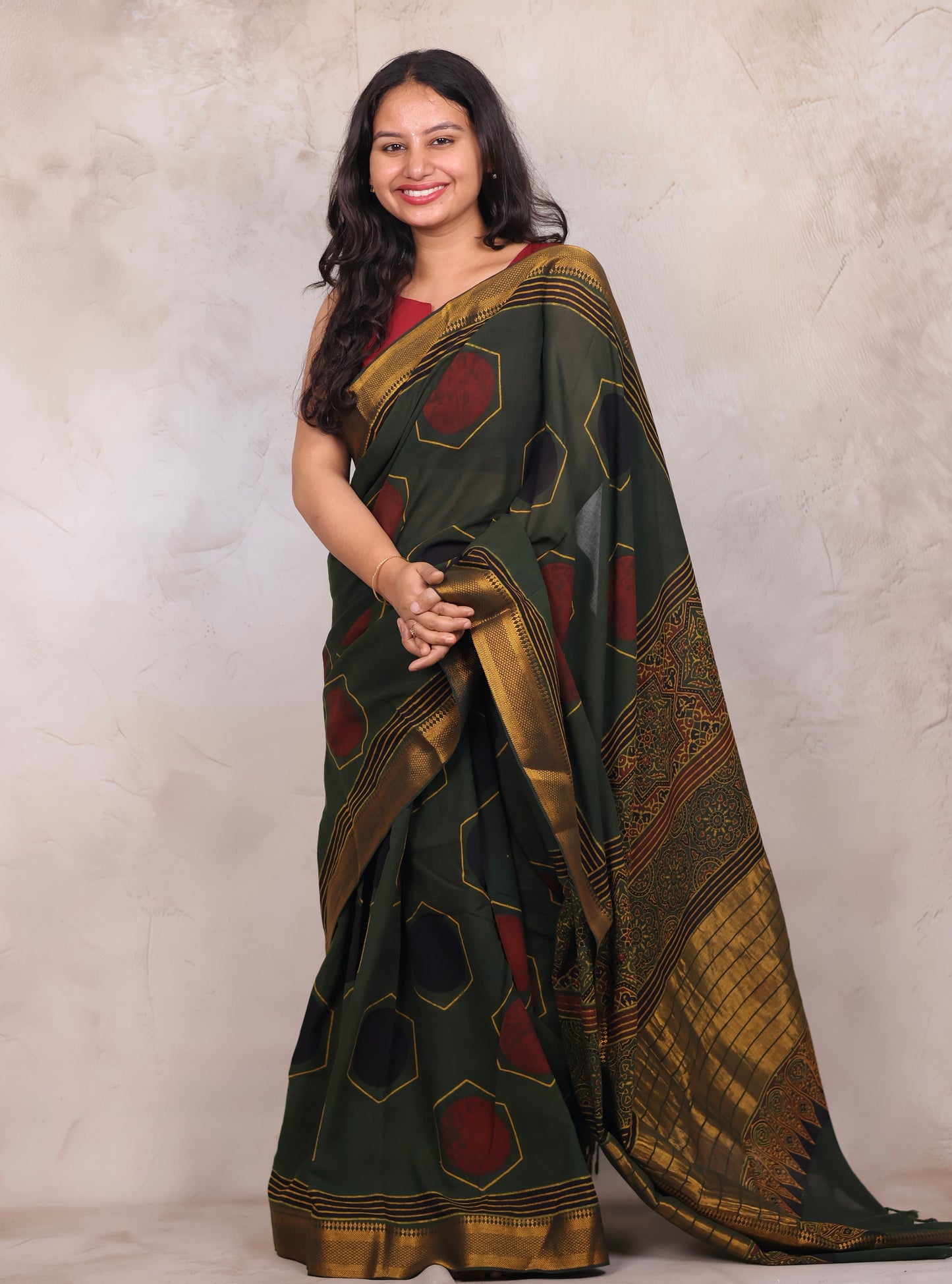 Green Ajrakh Hand Block Printed Mangalagiri Cotton Saree | Looms & Tassels