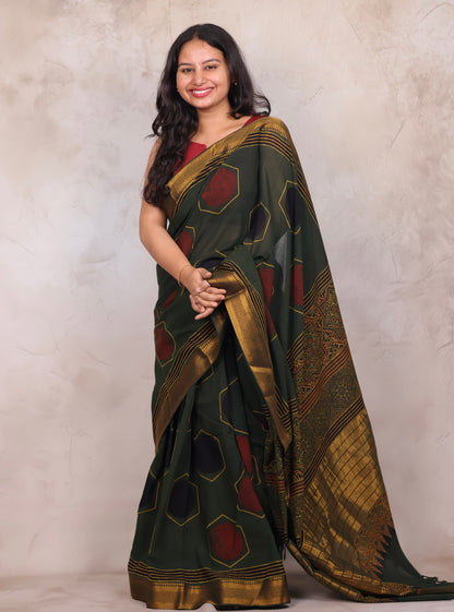 Green Ajrakh Hand Block Printed Mangalagiri Cotton Saree | Looms & Tassels