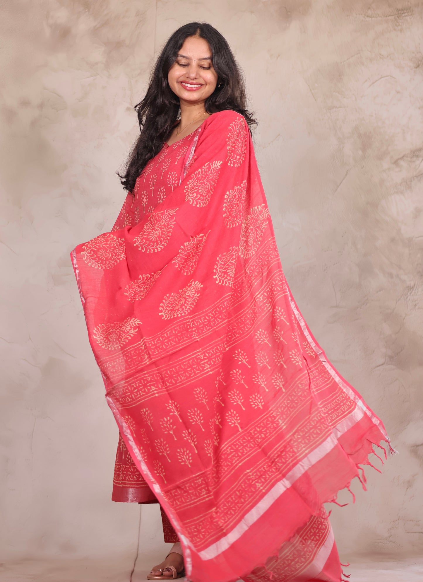 Pink Linen Cotton Handblock printed 3 piece suit (stitched)