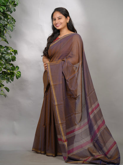 Brown Dual Shade Narayanpet Cotton Saree | Looms & Tassels