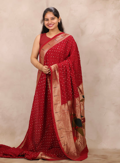 Maroon Handcrafted Bandhani Paithani Dola Silk Saree | Looms & Tassels