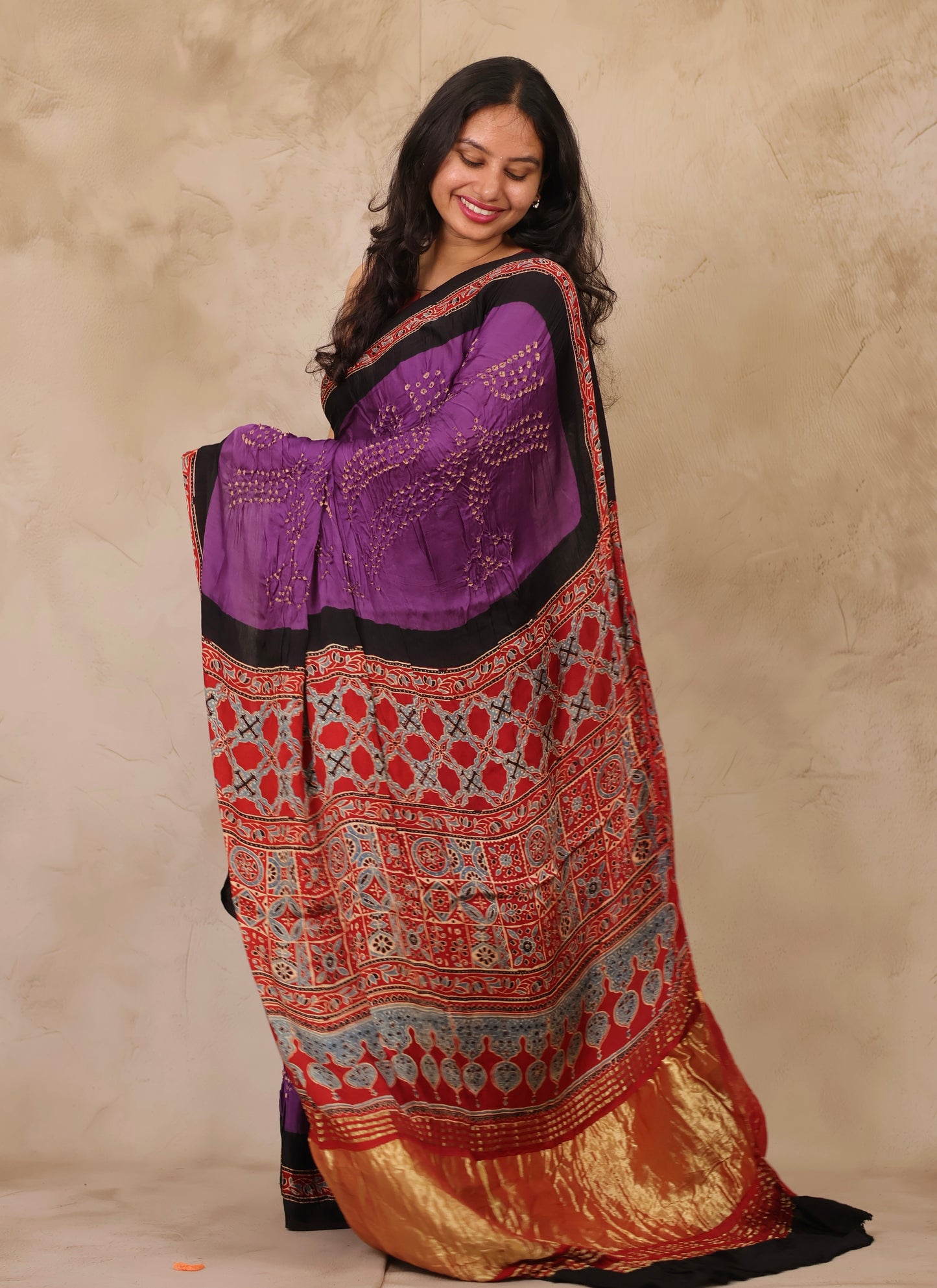 Violet Hand Knotted Bandhej Arakh Modal Silk Saree with Lagdi Pallu | Looms & Tassels