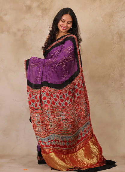 Violet Hand Knotted Bandhej Arakh Modal Silk Saree with Lagdi Pallu | Looms & Tassels