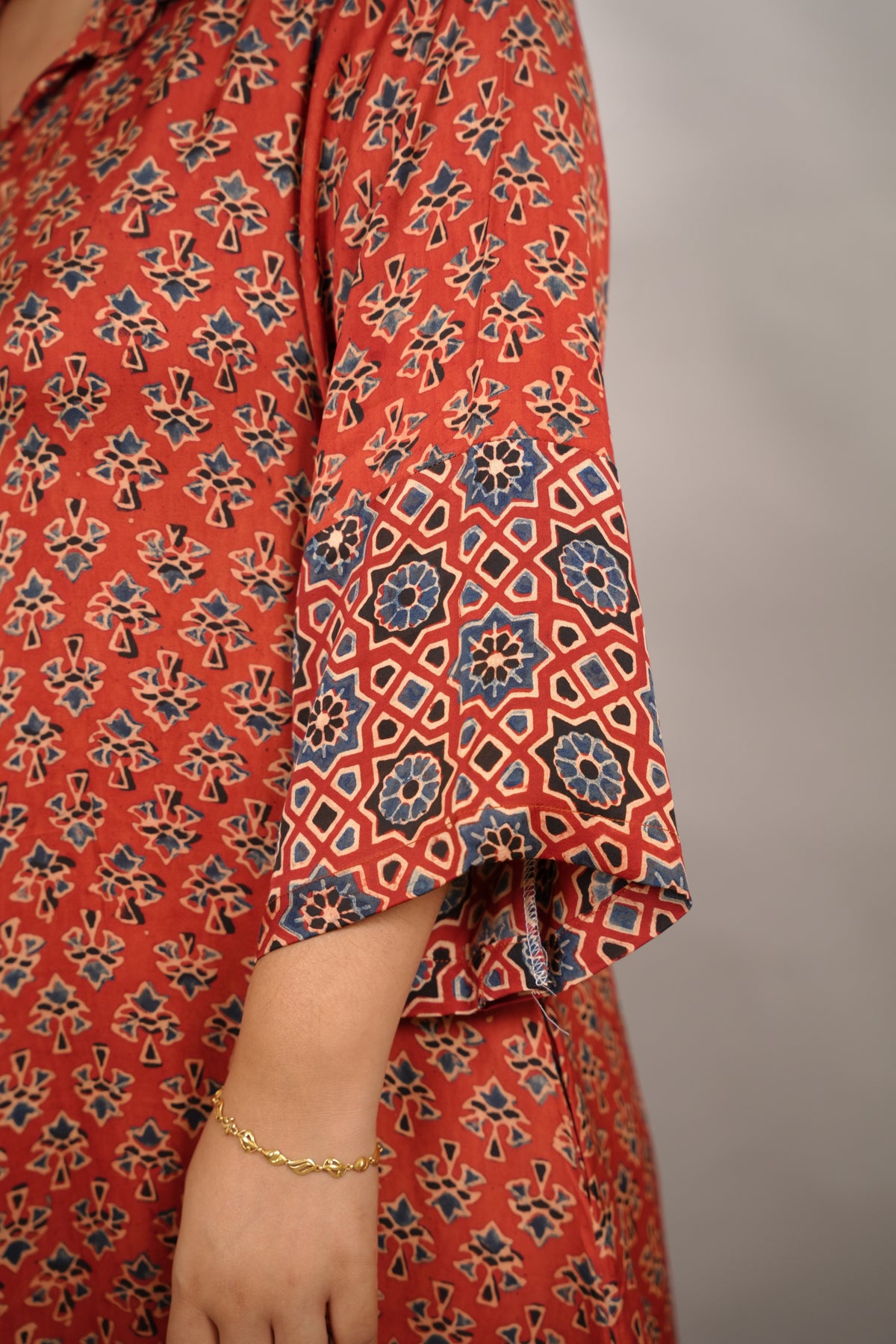 Red Ajrakh Modal Silk Aline Shirt Dress | Looms & Tassels