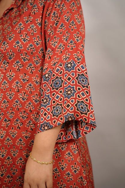 Red Ajrakh Modal Silk Aline Shirt Dress | Looms & Tassels