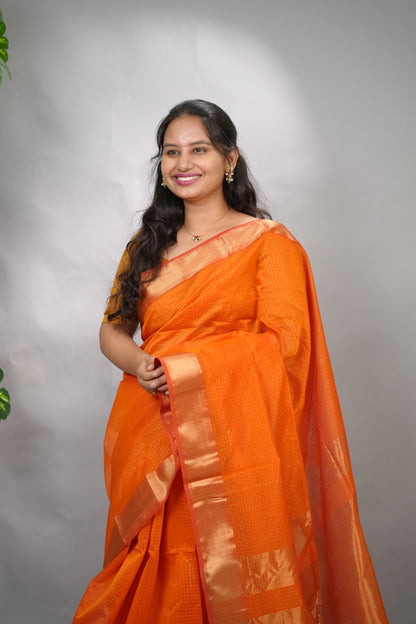 Orange Checks Handloom Maheswari Silk Cotton Sarees | Looms & Tassels