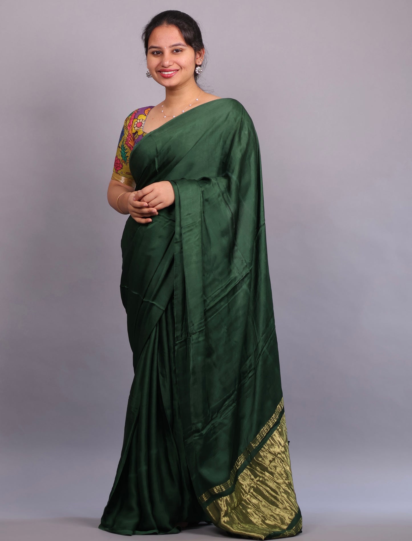 Green Plain Modal Silk Saree with Lagdi Pallu | Looms & Tassels