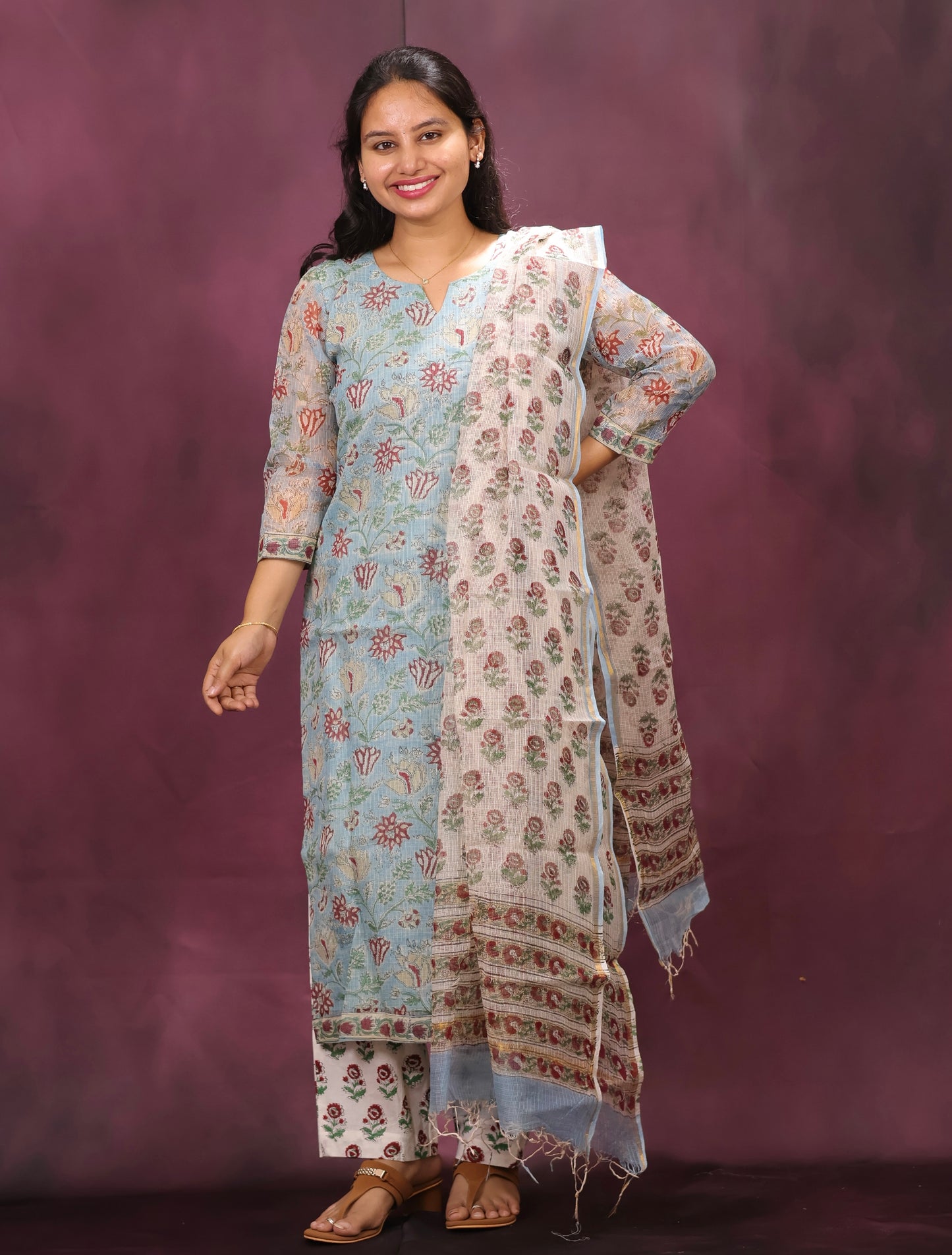 Sky Blue Handblock printed kota 3 piece suit (stitched)