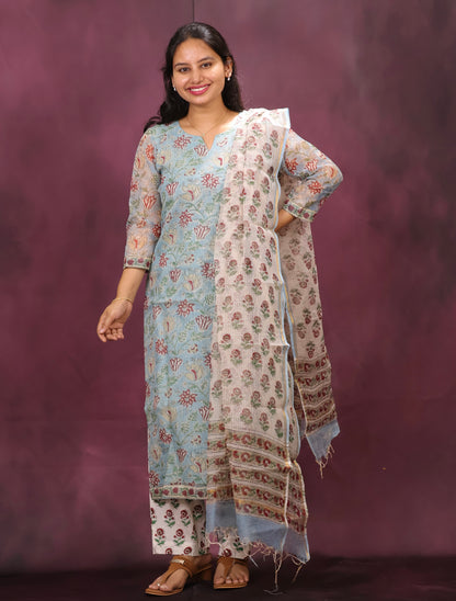 Sky Blue Handblock printed kota 3 piece suit (stitched)