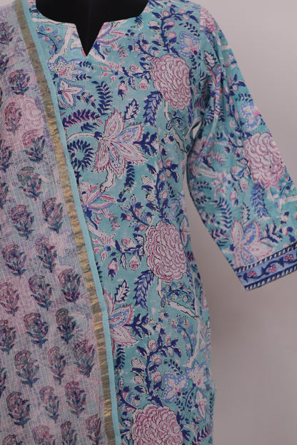 Blue Handblock printed Pure Mul Cotton with Kota Duppata 3 piece suit (stitched)