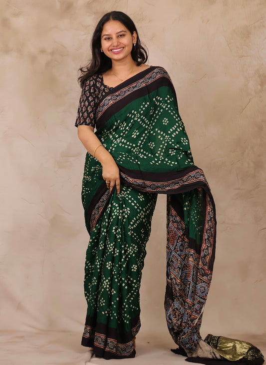 Bottle Green Hand Knotted Bandhej Arakh Modal Silk Saree with Lagdi Pallu | Looms & Tassels