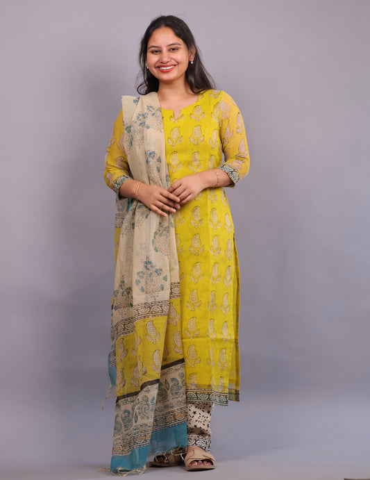 Yellow Handblock printed kota 3 piece suit (stitched)
