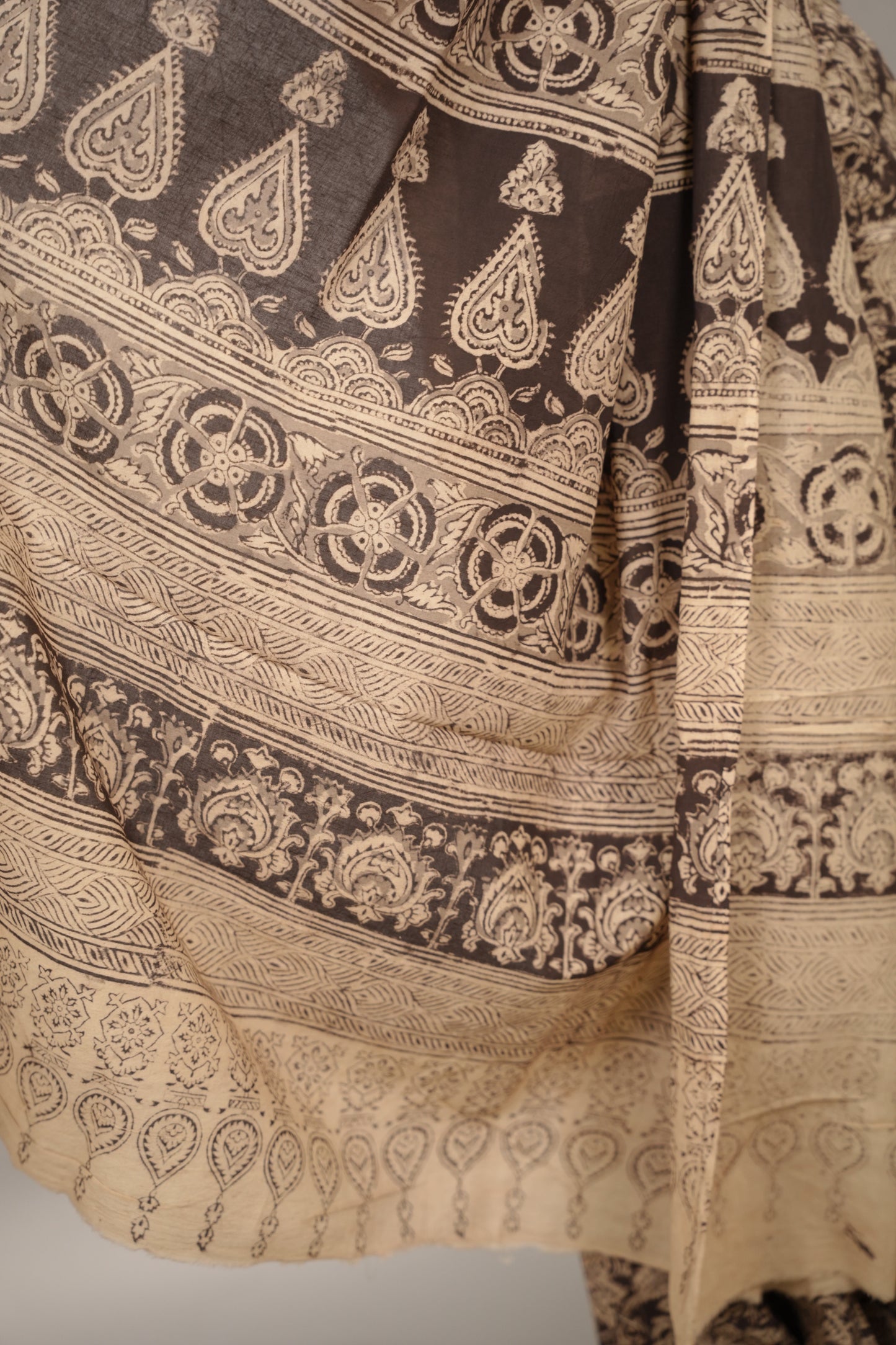 Black Hand Block Printed Kalamkari Cotton Saree | Looms & Tassels