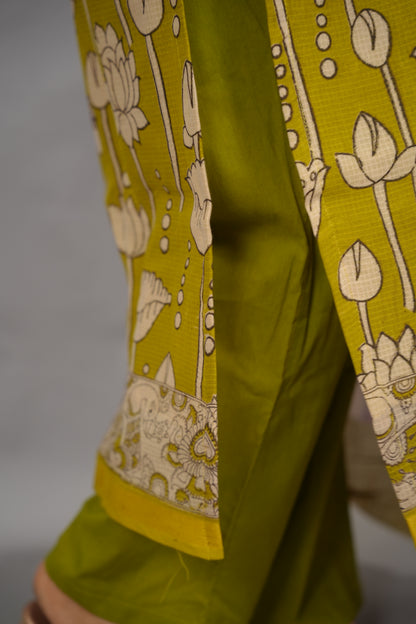 Lemon Green Kalamkari Kota Cotton 3 piece suit (stitched) | Looms & Tassels