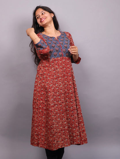 Red & Blue Ajrakh Hand Block printed Aline Kurti