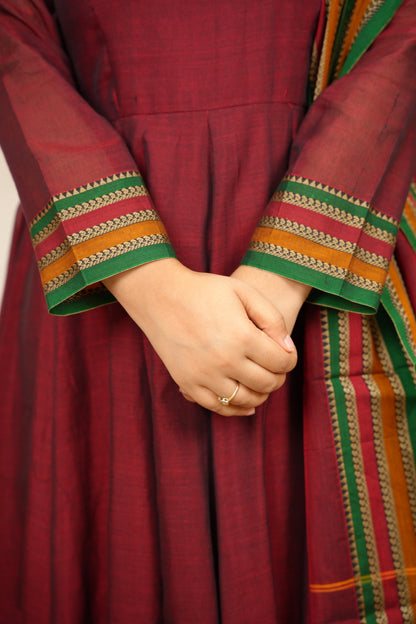 Maroon Narayanpet Cotton Anarkali Dress with Narayanpet Dupatta | Looms & Tassels