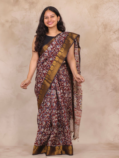 Hand Block Printed Kalamkari Kanchi Border Silk Saree