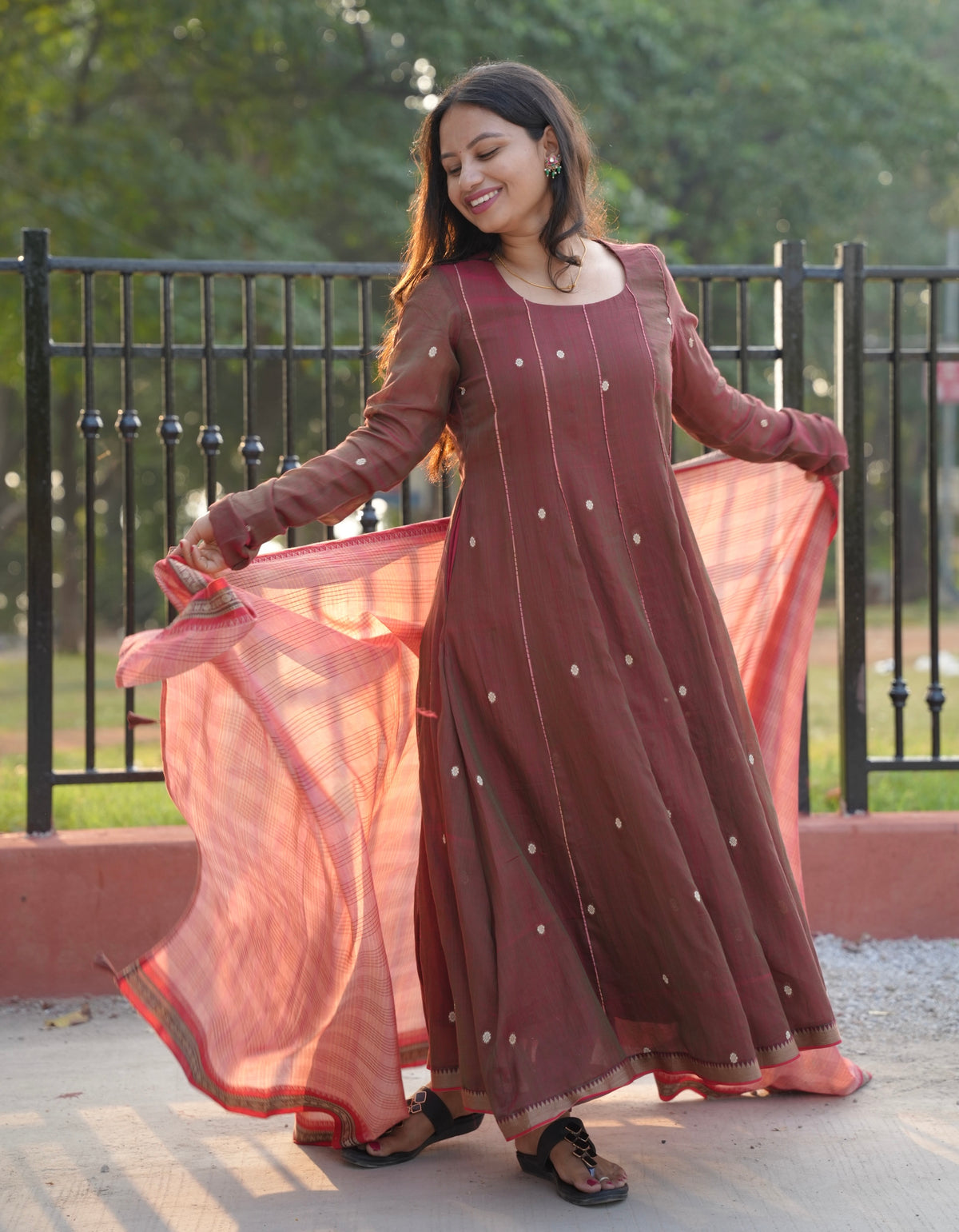 Onion Pink Narayanpet Cotton Anarkali Dress with Narayanpet Dupatta