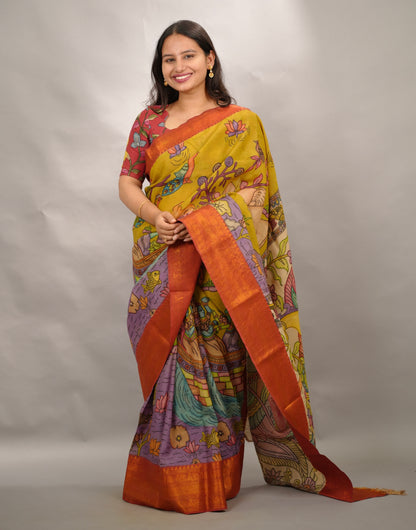 Yellow Hand Drawn Pen Kalamkari  Bangalore Silk Kanchi Border Saree | Looms & Tassels