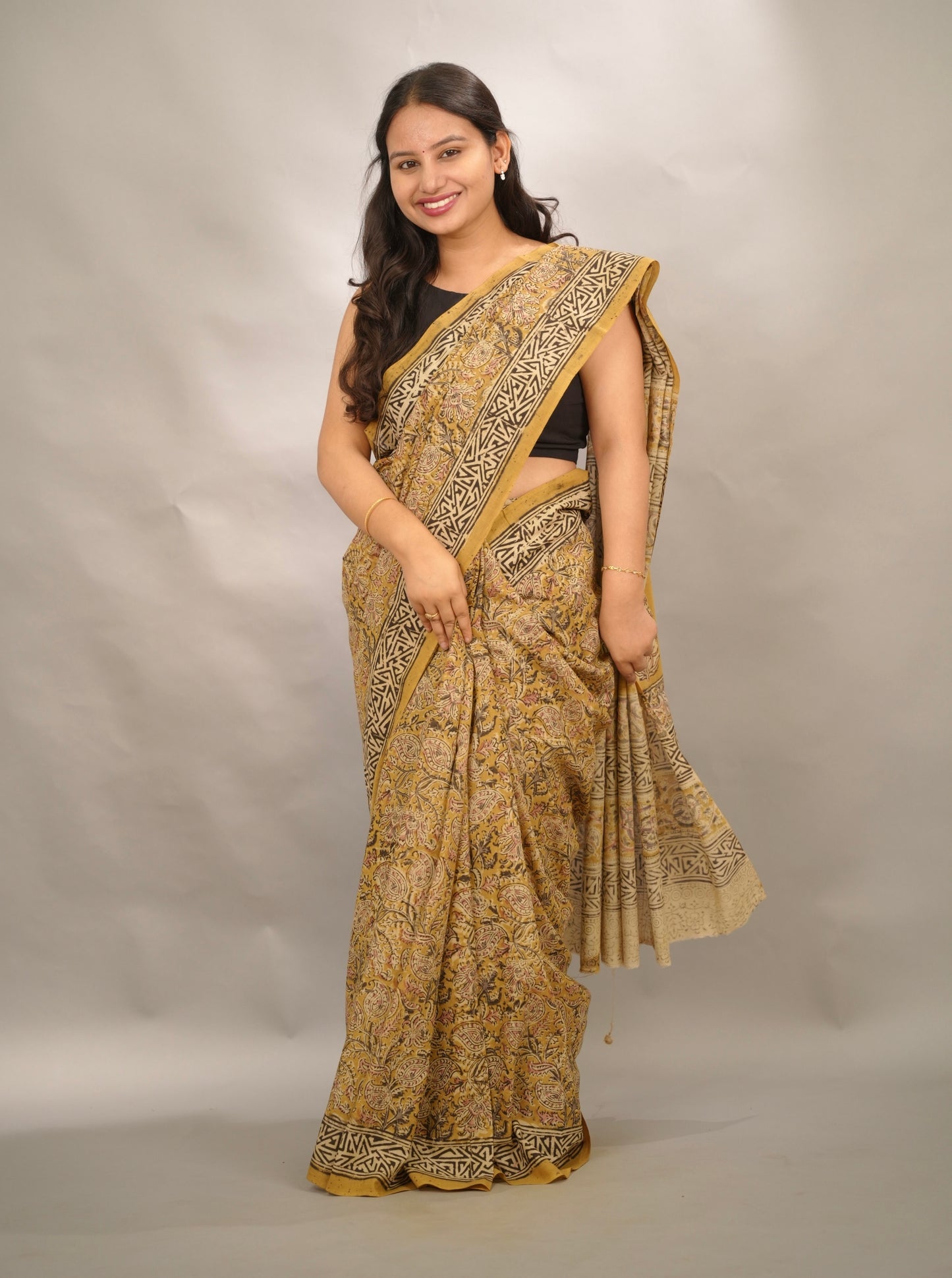 Mustard Hand Block Printed Kalamkari Cotton Saree | Looms & Tassels