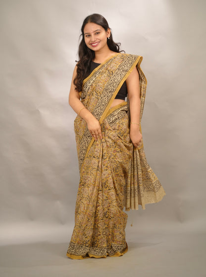 Mustard Hand Block Printed Kalamkari Cotton Saree | Looms & Tassels