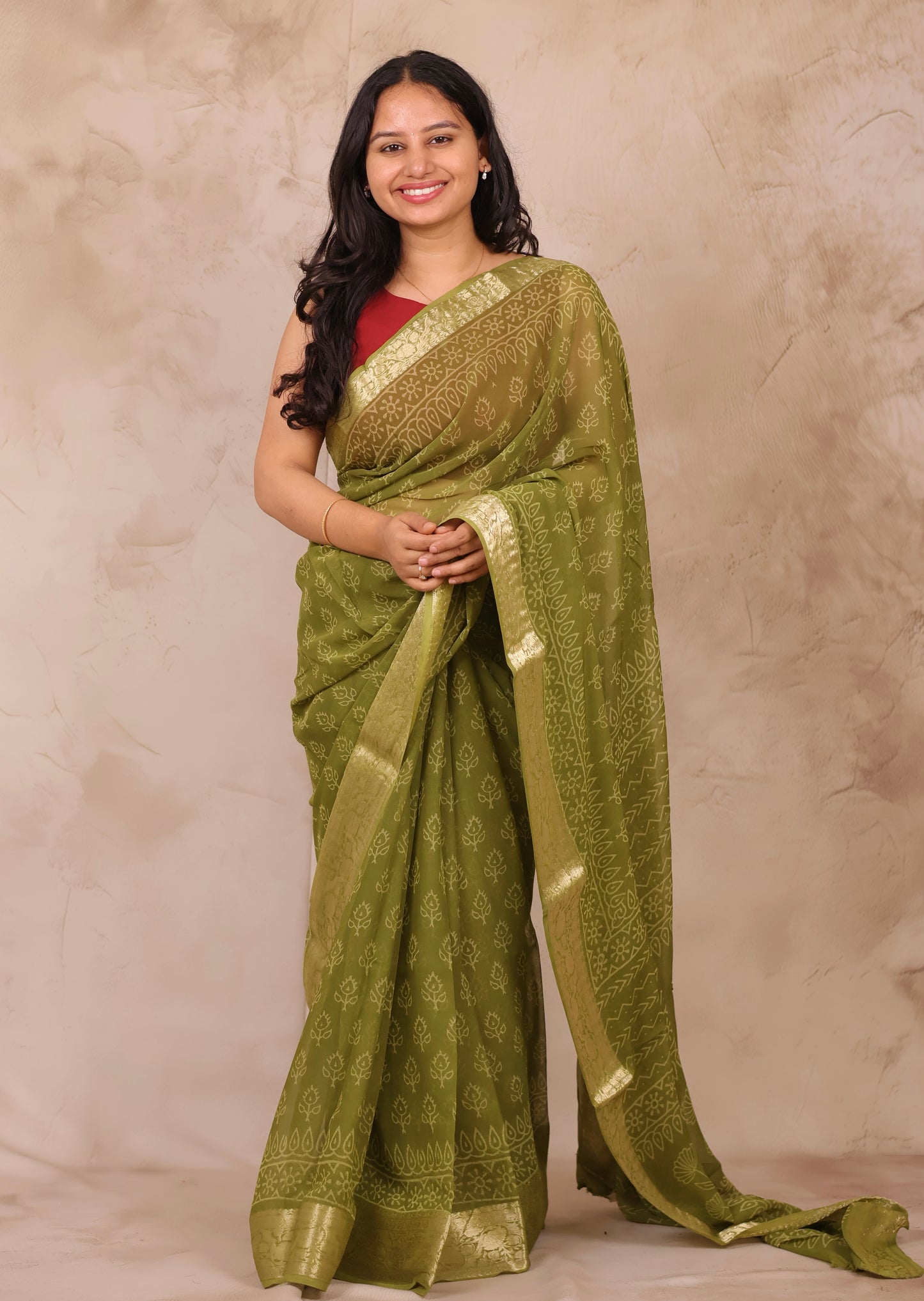 Green Chiffon Hand Block Printed Saree with Jari Border | Looms & Tassels