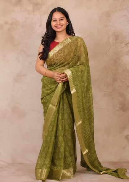 Green Chiffon Hand Block Printed Saree with Jari Border | Looms & Tassels