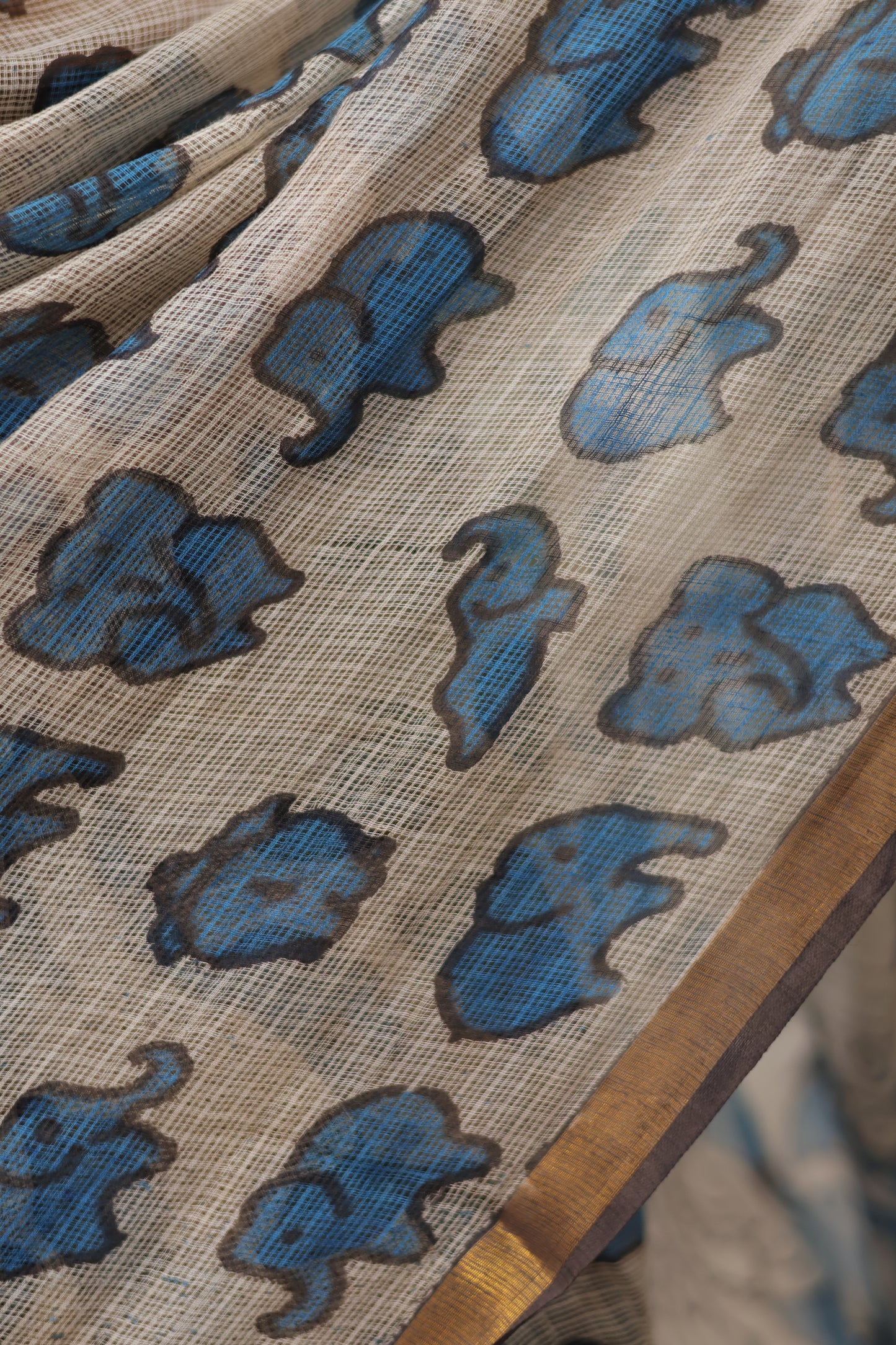 Blue Kalamkari printed Kota Doriya Saree
