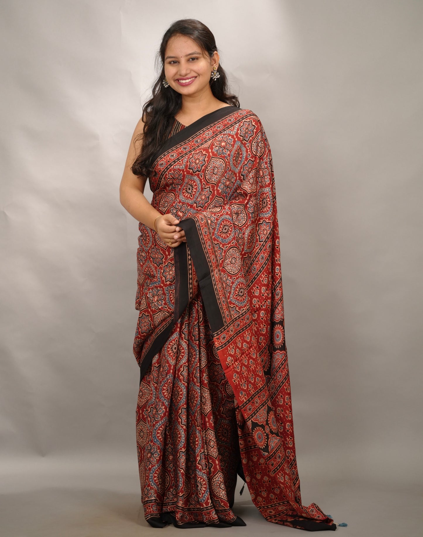 Maroon Badam Butta Authentic Ajrakh Handblock Printed Modal Silk Saree | Looms & Tassels