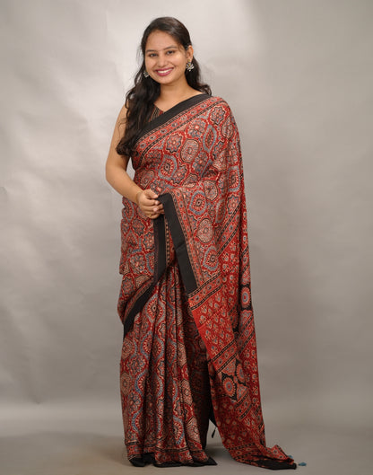 Maroon Badam Butta Authentic Ajrakh Handblock Printed Modal Silk Saree | Looms & Tassels