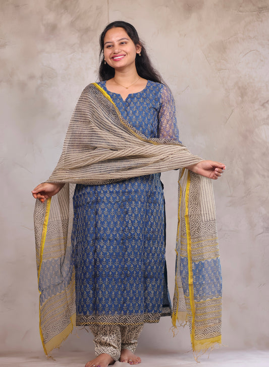 Blue Handblock printed kota 3 piece suit (stitched)