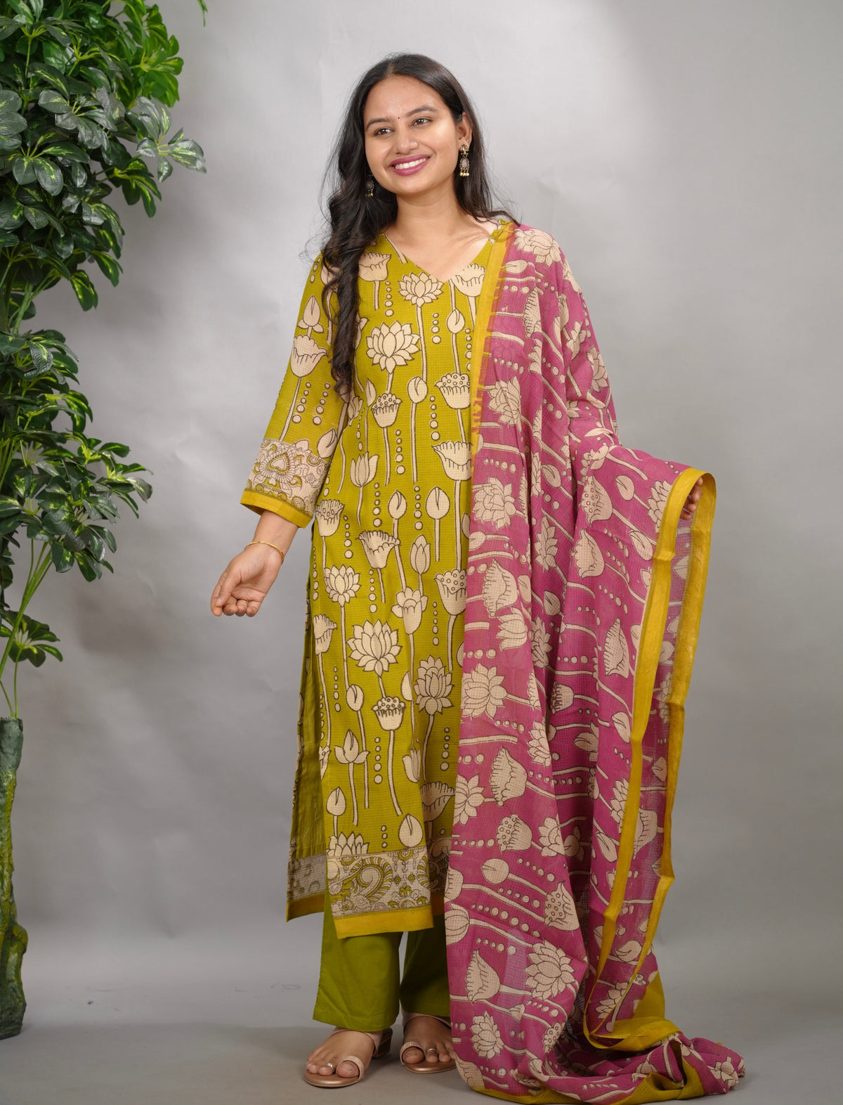 Lemon Green Kalamkari Kota Cotton 3 piece suit (stitched) | Looms & Tassels