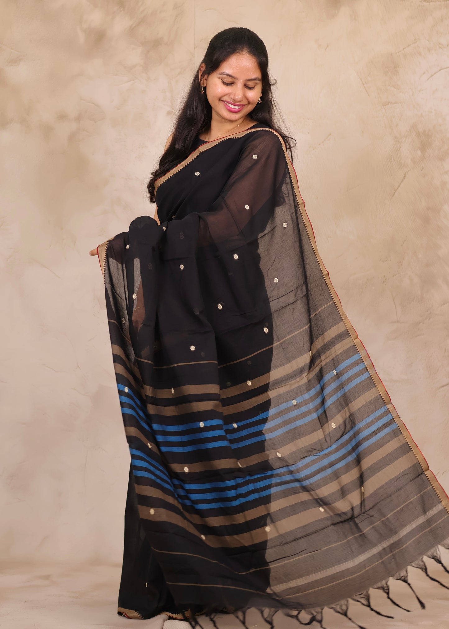 Black Narayanpet Cotton Saree With Butta Weaving | Looms & Tassels