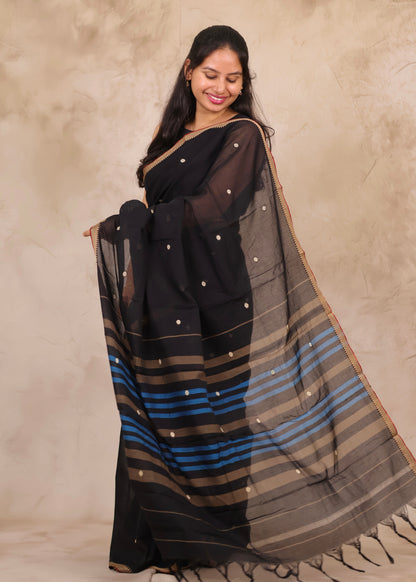 Black Narayanpet Cotton Saree With Butta Weaving | Looms & Tassels