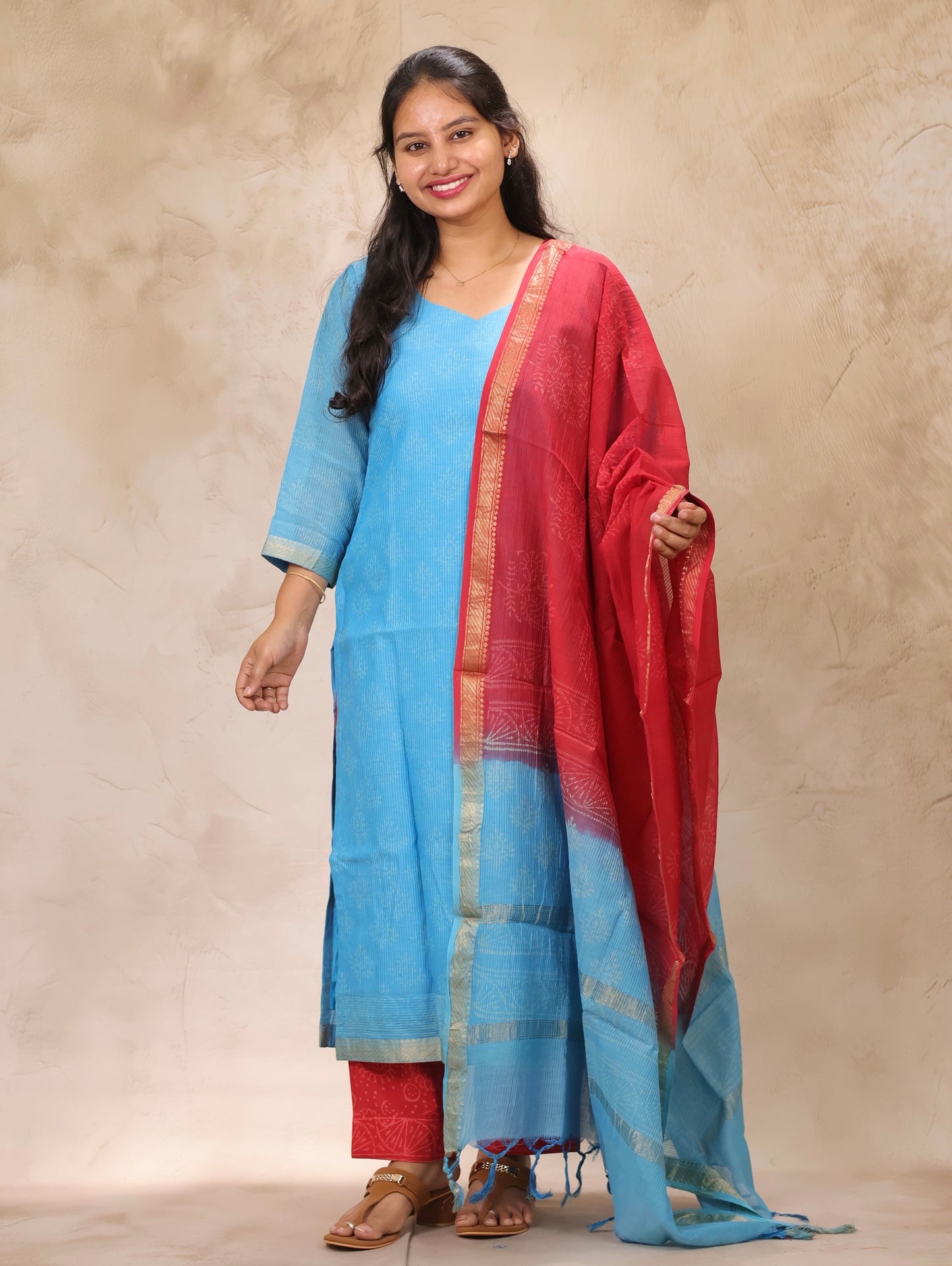 Sky Blue & Red Handblock printed Pure Maheswari Silk 3 piece suit (stitched)