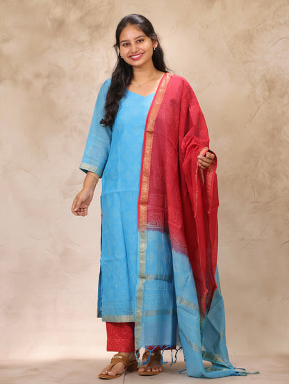Sky Blue & Red Handblock printed Pure Maheswari Silk 3 piece suit (stitched)