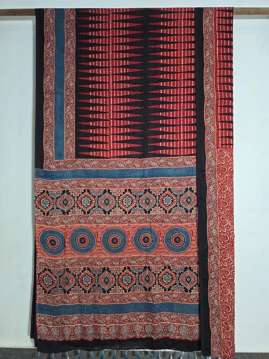 Red & Black Exclusive Ajrakh Handblock Printed Modal Silk Saree