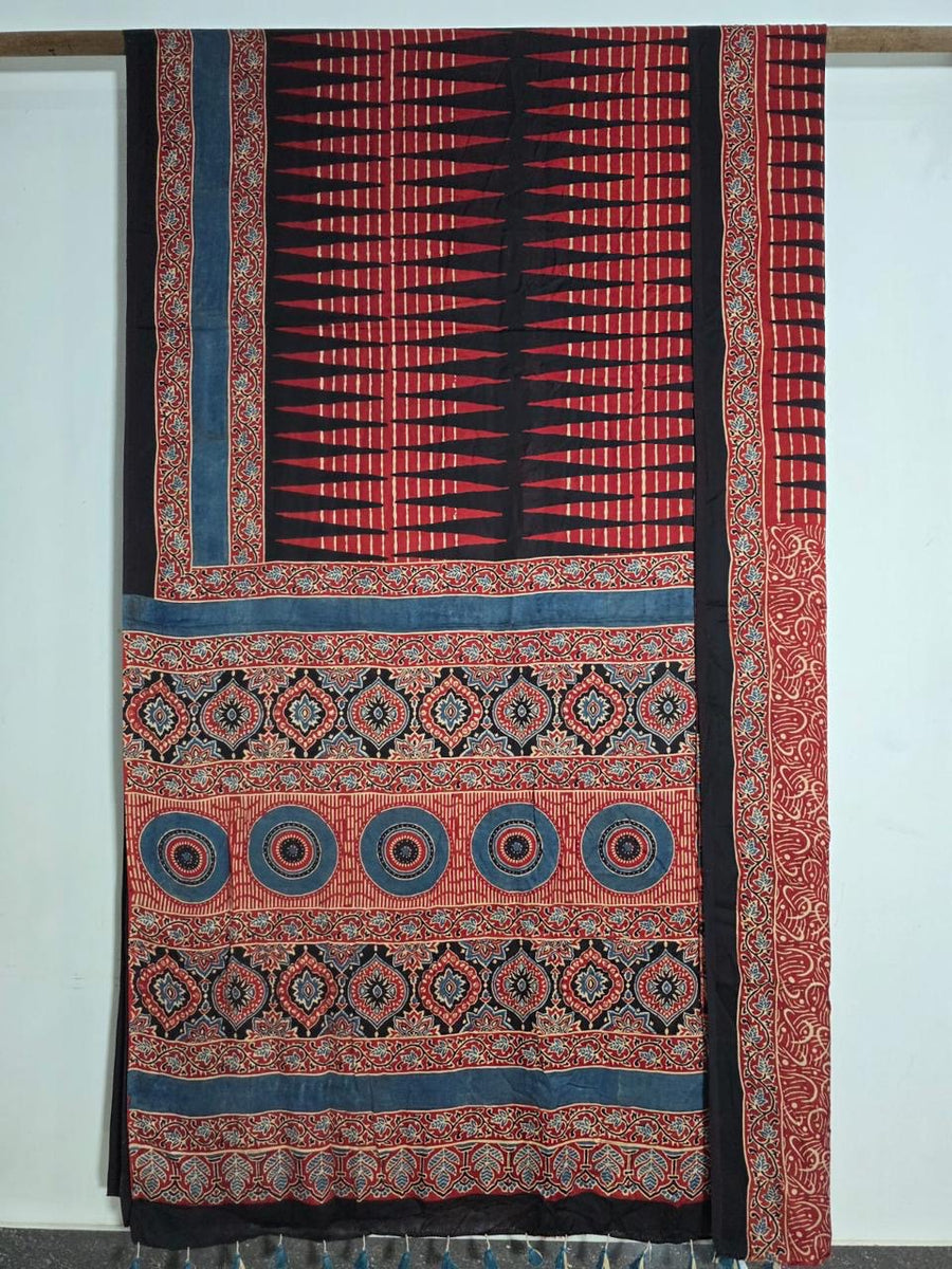 Red & Black Geometric Exclusive Authentic Ajrakh Handblock Printed Modal Silk Saree | Looms & Tassels