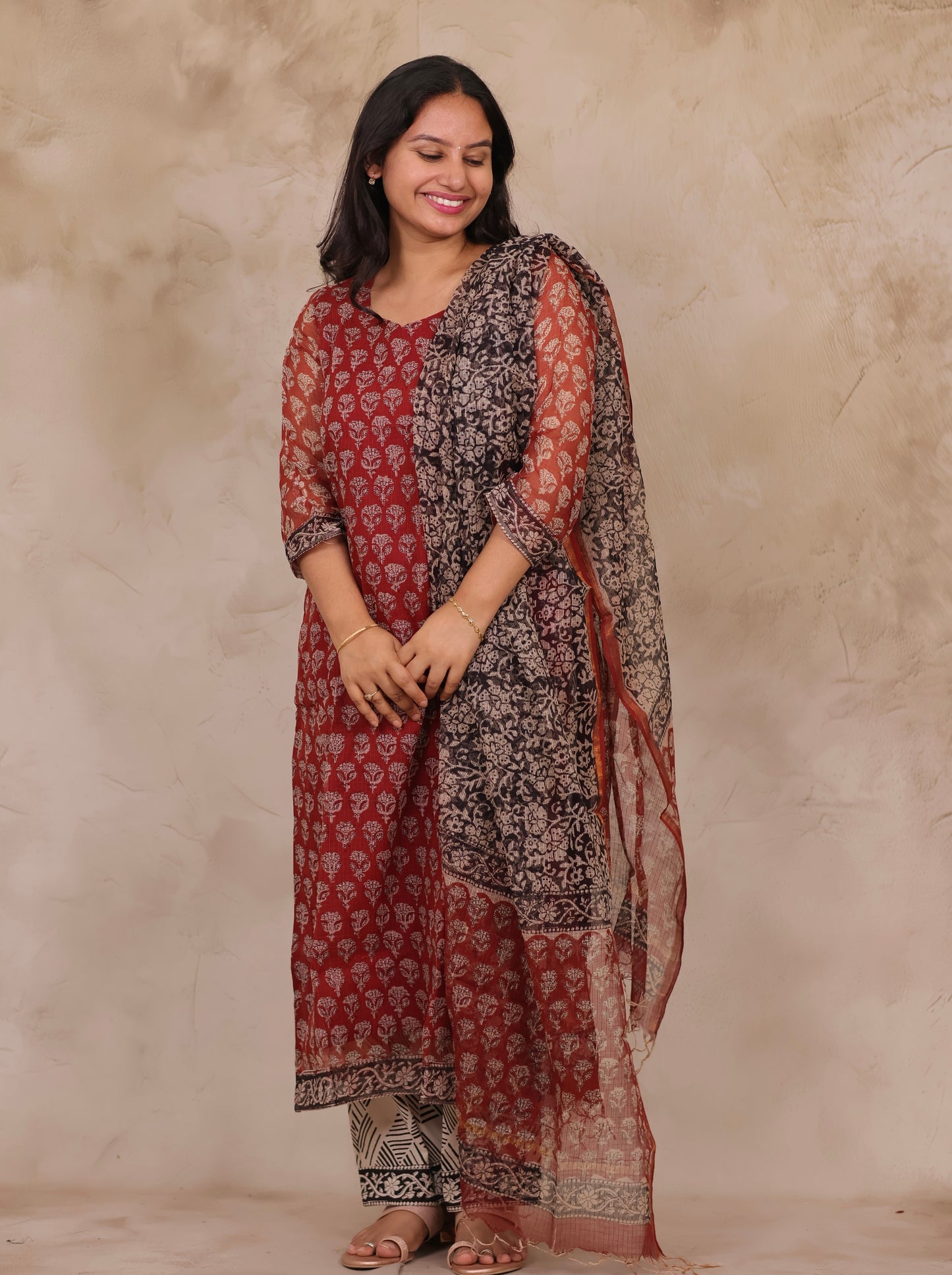 Maroon Handblock printed kota 3 piece suit (stitched)