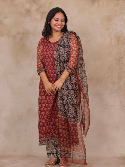 Maroon Handblock printed kota 3 piece suit (stitched)