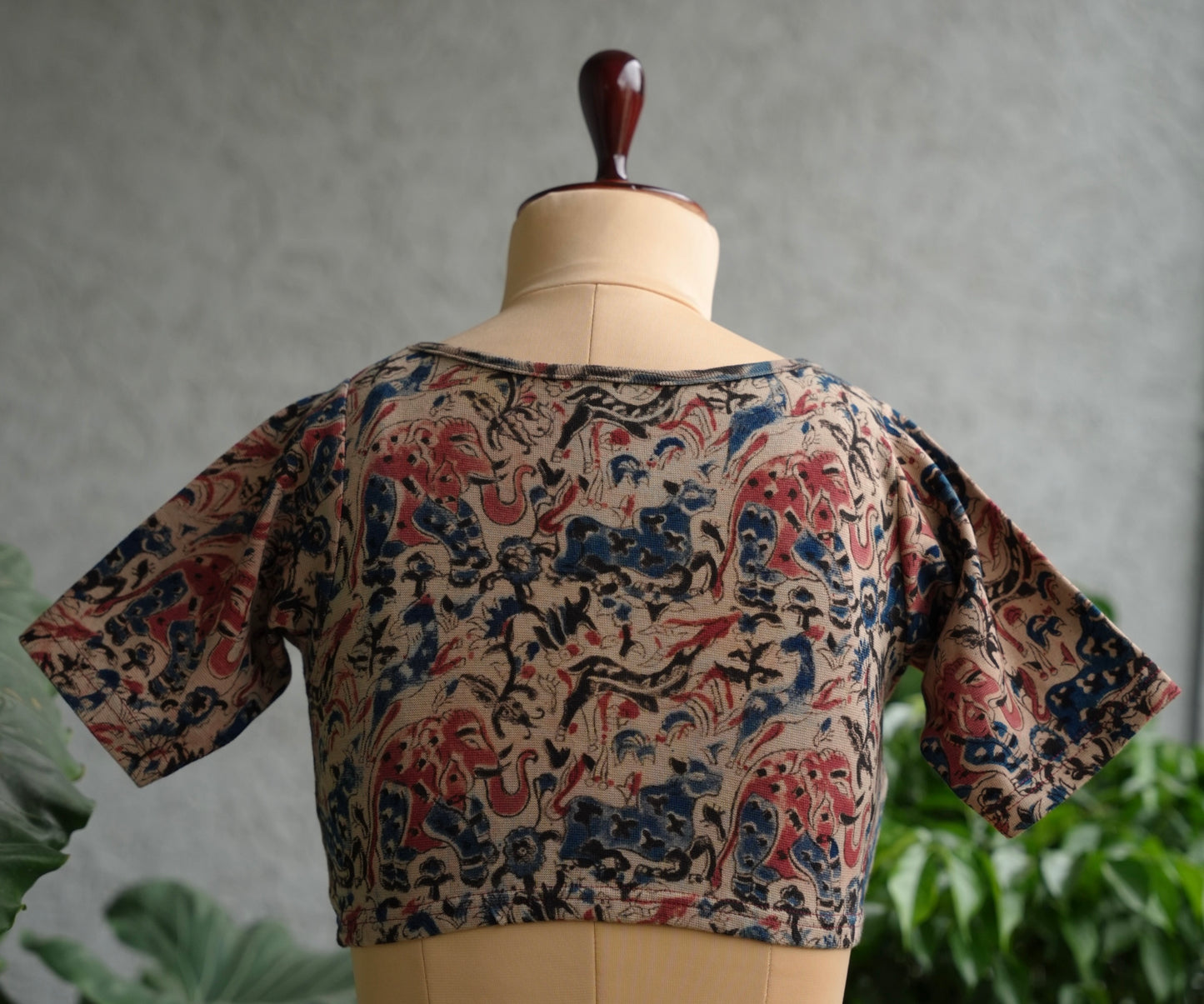 Cream Round Neck Stretchable Hand block printed kalamkari blouse